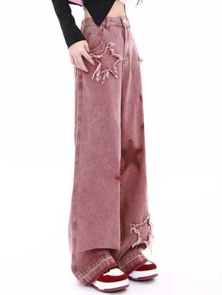 Vintage Star Print Embroidery Boyfriend Jeans - Y2K Aesthetic Denim with Unique Coquette Style