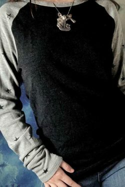 Vintage Star Print Raglan Long Sleeve Knit Sweater - Y2K Aesthetic Coquette Fashion Women's Top