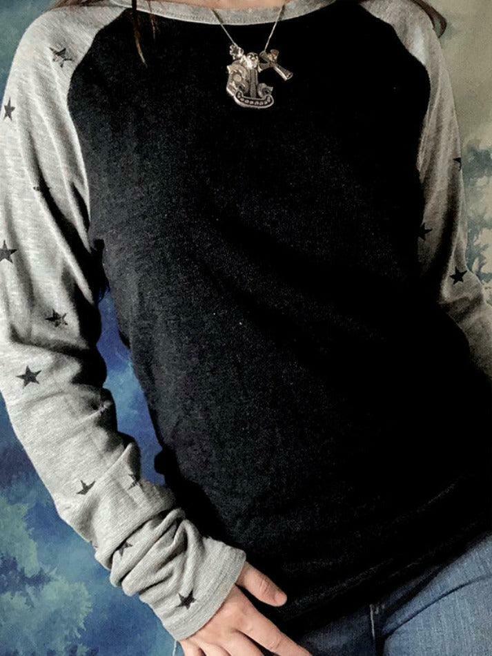 Vintage Star Print Raglan Long Sleeve Knit Sweater - Y2K Aesthetic Coquette Fashion Women's Top