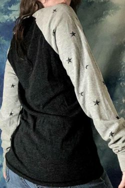 Vintage Star Print Raglan Long Sleeve Knit Sweater - Y2K Aesthetic Coquette Fashion Women's Top