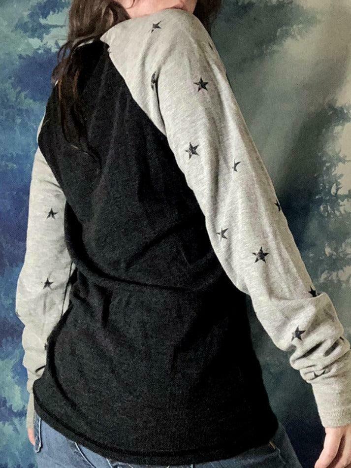 Vintage Star Print Raglan Long Sleeve Knit Sweater - Y2K Aesthetic Coquette Fashion Women's Top