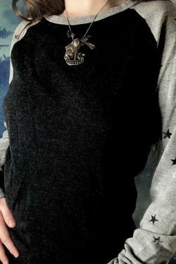 Vintage Star Print Raglan Long Sleeve Knit Sweater - Y2K Aesthetic Coquette Fashion Women's Top