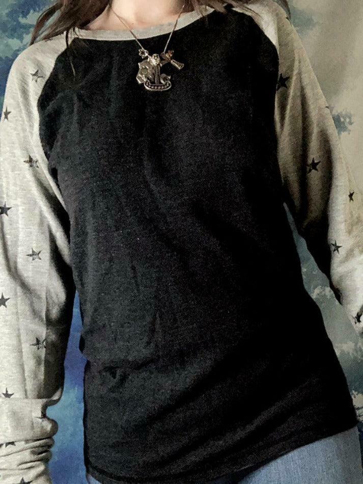 Vintage Star Print Raglan Long Sleeve Knit Sweater - Y2K Aesthetic Coquette Fashion Women's Top