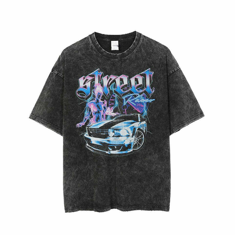 Vintage Street Racer Graphic Tee - Y2K Fashion Aesthetic Top for Women