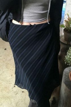 Vintage Stripe Mesh Midi Skirt - Y2K Fashion Double Layered Aesthetic Outfit