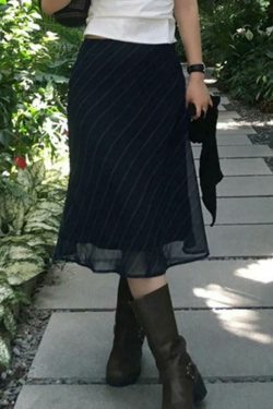 Vintage Stripe Mesh Midi Skirt - Y2K Fashion Double Layered Aesthetic Outfit