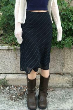 Vintage Stripe Mesh Midi Skirt - Y2K Fashion Double Layered Aesthetic Outfit