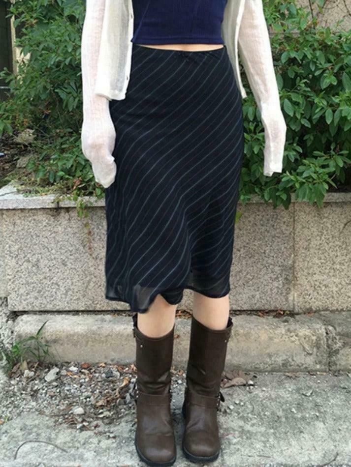 Vintage Stripe Mesh Midi Skirt - Y2K Fashion Double Layered Aesthetic Outfit Vintage Stripe Mesh Midi Skirt - Y2K Fashion Double Layered Aesthetic Outfit