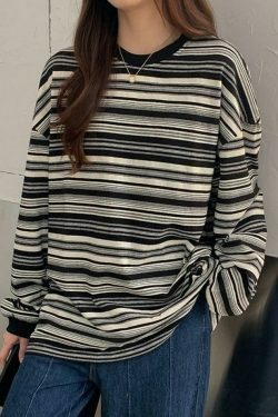 Vintage Striped Crew Neck Pullover Sweater for Y2K Fashion Enthusiasts