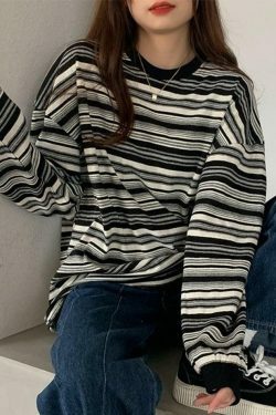 Vintage Striped Crew Neck Pullover Sweater for Y2K Fashion Enthusiasts