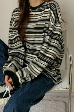 Vintage Striped Crew Neck Pullover Sweater for Y2K Fashion Enthusiasts