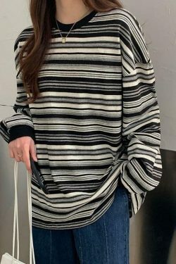 Vintage Striped Crew Neck Pullover Sweater for Y2K Fashion Enthusiasts