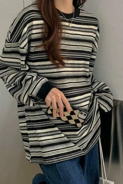 Vintage Striped Crew Neck Pullover Sweater for Y2K Fashion Enthusiasts