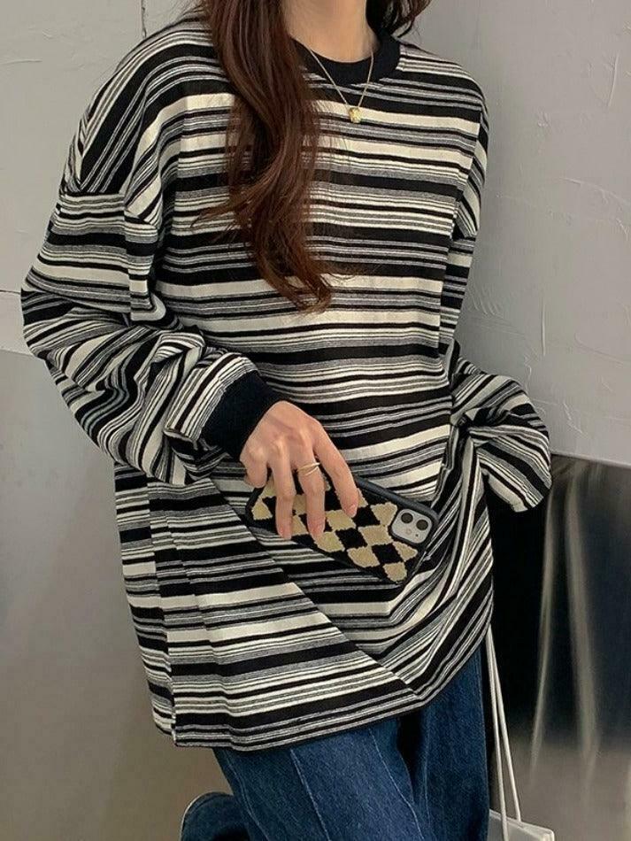 Vintage Striped Crew Neck Pullover Sweater for Y2K Fashion Enthusiasts