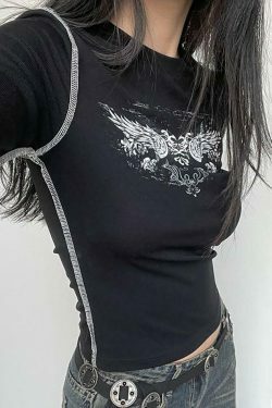 Vintage Style Long Sleeve Wings Print Slim-Fit T-Shirt for Women - Y2K Fashion Aesthetic
