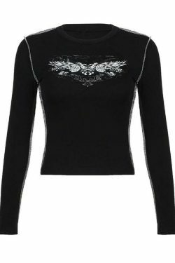 Vintage Style Long Sleeve Wings Print Slim-Fit T-Shirt for Women - Y2K Fashion Aesthetic