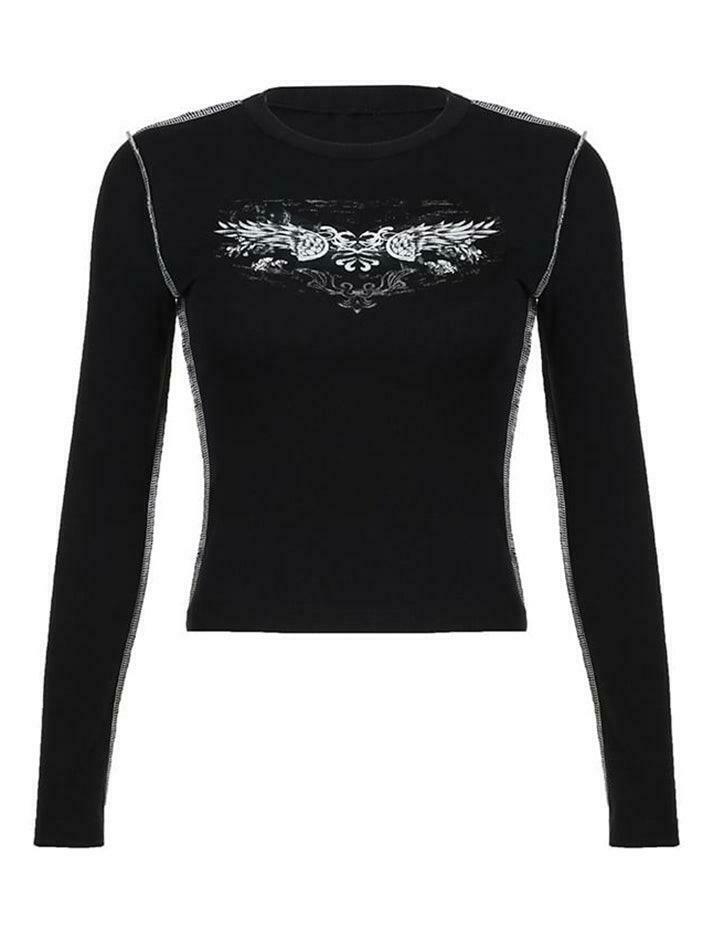 Vintage Style Long Sleeve Wings Print Slim-Fit T-Shirt for Women - Y2K Fashion Aesthetic
