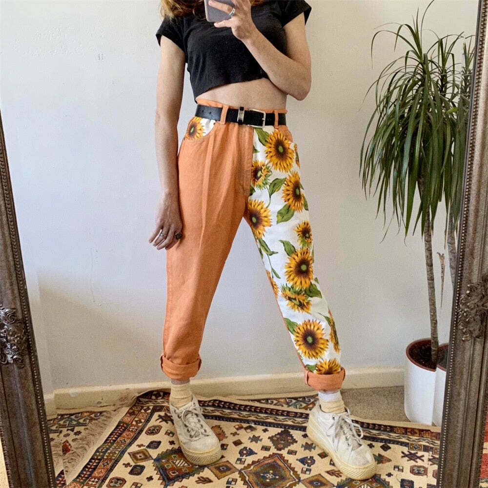 Vintage Sunflower High Waist Pants - Y2K Fashion Aesthetic Women's Clothing