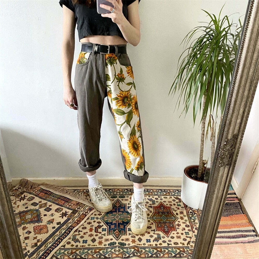 Vintage Sunflower High Waist Pants - Y2K Fashion Aesthetic Women's Clothing