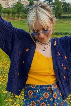 Vintage Sweater with Floral Embroidery - Y2K Fashion Aesthetic for Women