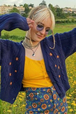 Vintage Sweater with Floral Embroidery - Y2K Fashion Aesthetic for Women