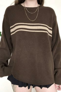 Vintage Three Striped Pullover Sweater - Y2K Fashion Aesthetic Women's Clothing