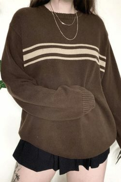 Vintage Three Striped Pullover Sweater - Y2K Fashion Aesthetic Women's Clothing