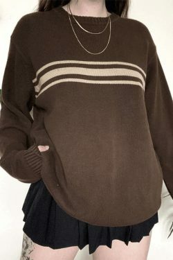 Vintage Three Striped Pullover Sweater - Y2K Fashion Aesthetic Women's Clothing