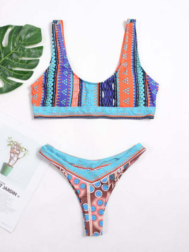 Vintage Vest Backless Printed Thong Bikinis Swimsuits - Y2K Fashion Niche Women's Clothing