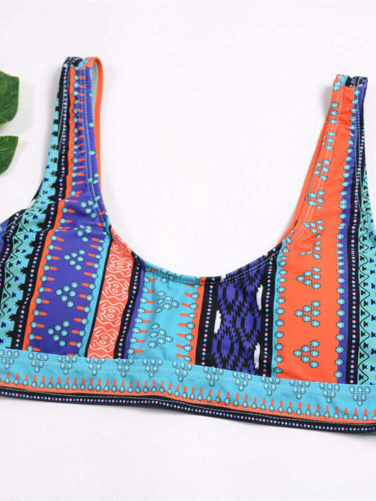 Vintage Vest Backless Printed Thong Bikinis Swimsuits - Y2K Fashion Niche Women's Clothing