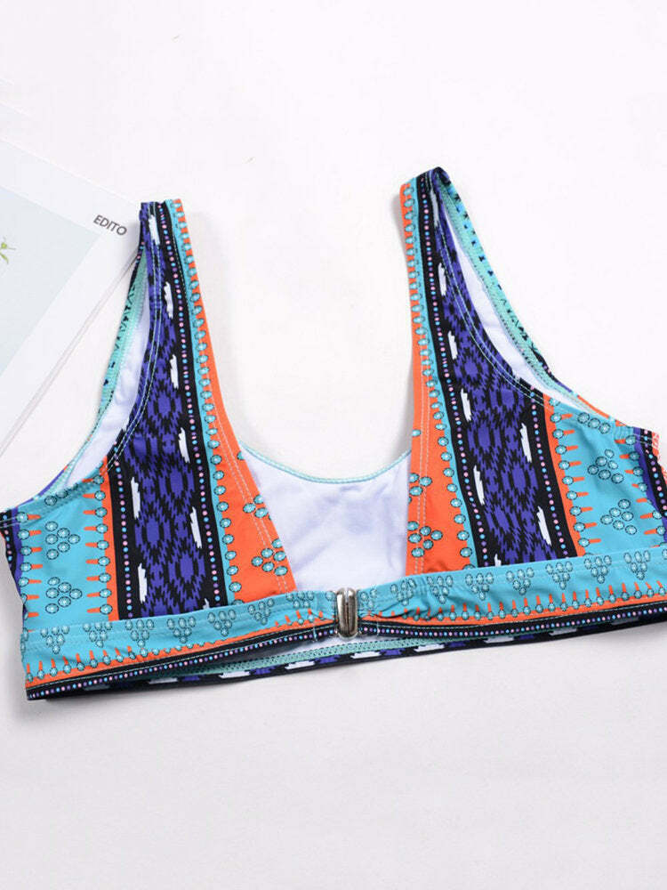 Vintage Vest Backless Printed Thong Bikinis Swimsuits - Y2K Fashion Niche Women's Clothing