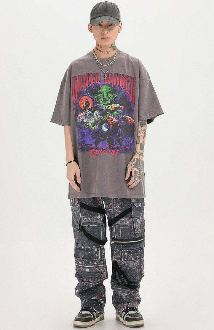 Vintage Vibe: BLACK AIR 'Grave Digger' Graphic Tee in Washed Cotton Jersey - Y2K Aesthetic Fashion Vintage Vibe: BLACK AIR 'Grave Digger' Graphic Tee in Washed Cotton Jersey - Y2K Aesthetic Fashion