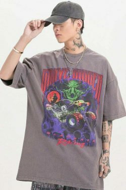 Vintage Vibe: BLACK AIR 'Grave Digger' Graphic Tee in Washed Cotton Jersey - Y2K Aesthetic Fashion