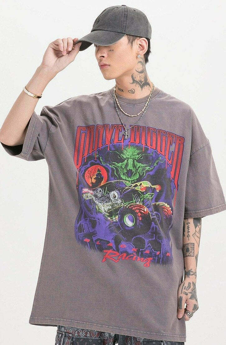 Vintage Vibe: BLACK AIR 'Grave Digger' Graphic Tee in Washed Cotton Jersey - Y2K Aesthetic Fashion Vintage Vibe: BLACK AIR 'Grave Digger' Graphic Tee in Washed Cotton Jersey - Y2K Aesthetic Fashion