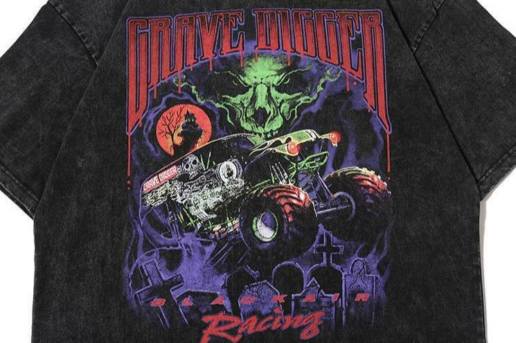 Vintage Vibe: BLACK AIR 'Grave Digger' Graphic Tee in Washed Cotton Jersey - Y2K Aesthetic Fashion Vintage Vibe: BLACK AIR 'Grave Digger' Graphic Tee in Washed Cotton Jersey - Y2K Aesthetic Fashion