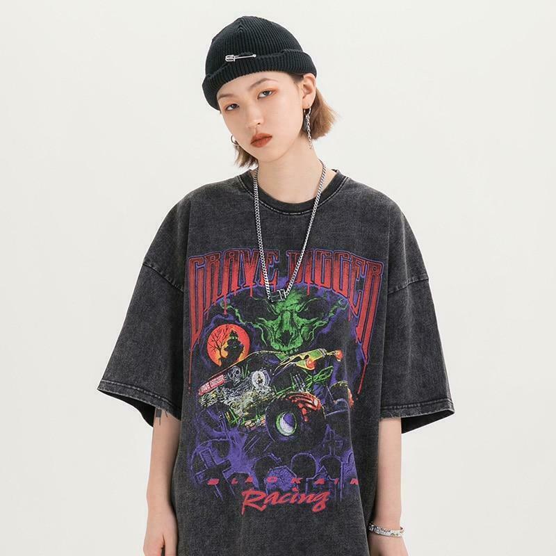 Vintage Vibe: BLACK AIR 'Grave Digger' Graphic Tee in Washed Cotton Jersey - Y2K Aesthetic Fashion Vintage Vibe: BLACK AIR 'Grave Digger' Graphic Tee in Washed Cotton Jersey - Y2K Aesthetic Fashion