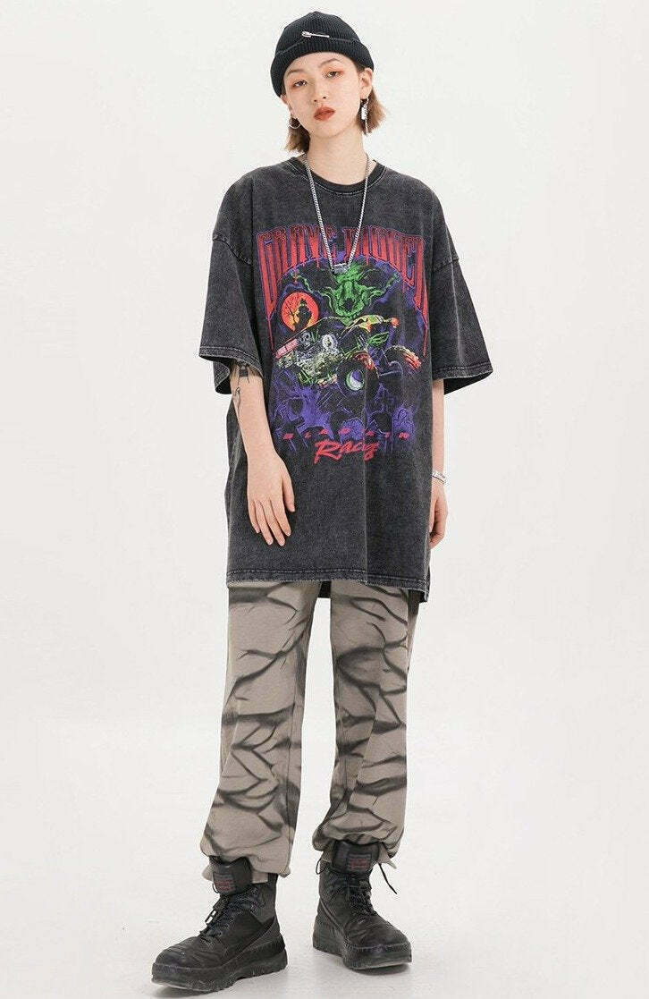 Vintage Vibe: BLACK AIR 'Grave Digger' Graphic Tee in Washed Cotton Jersey - Y2K Aesthetic Fashion Vintage Vibe: BLACK AIR 'Grave Digger' Graphic Tee in Washed Cotton Jersey - Y2K Aesthetic Fashion