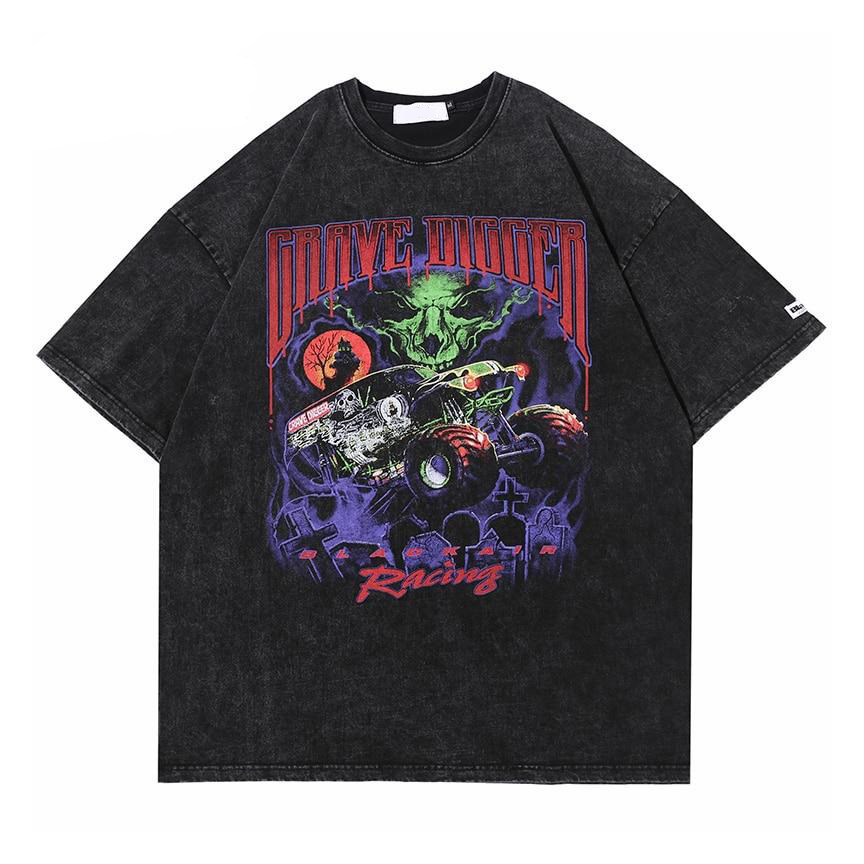 Vintage Vibe: BLACK AIR 'Grave Digger' Graphic Tee in Washed Cotton Jersey - Y2K Aesthetic Fashion Vintage Vibe: BLACK AIR 'Grave Digger' Graphic Tee in Washed Cotton Jersey - Y2K Aesthetic Fashion