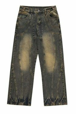 Vintage Wash Wavy Seam Jeans - Y2K Aesthetic Denim Skirt Set - Coquette Style Fashion