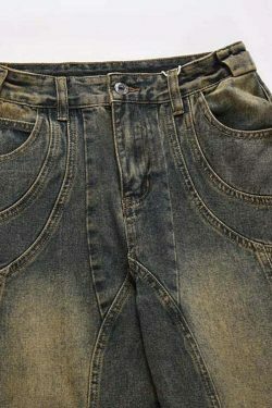 Vintage Wash Wavy Seam Jeans - Y2K Aesthetic Denim Skirt Set - Coquette Style Fashion