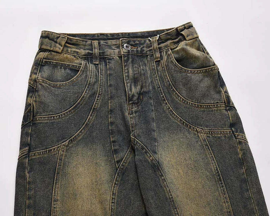 Vintage Wash Wavy Seam Jeans - Y2K Aesthetic Denim Skirt Set - Coquette Style Fashion