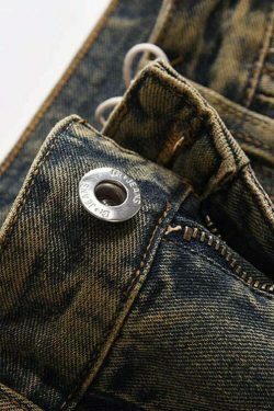 Vintage Wash Wavy Seam Jeans - Y2K Aesthetic Denim Skirt Set - Coquette Style Fashion