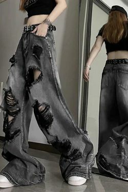 Vintage Washed Black Ripped Boyfriend Jeans - Y2K Aesthetic - Coquette Style -
