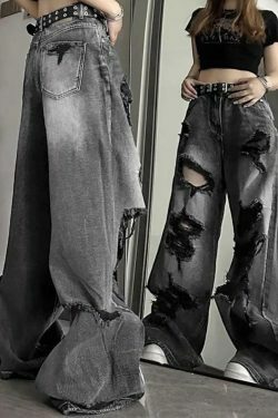 Vintage Washed Black Ripped Boyfriend Jeans - Y2K Aesthetic - Coquette Style -