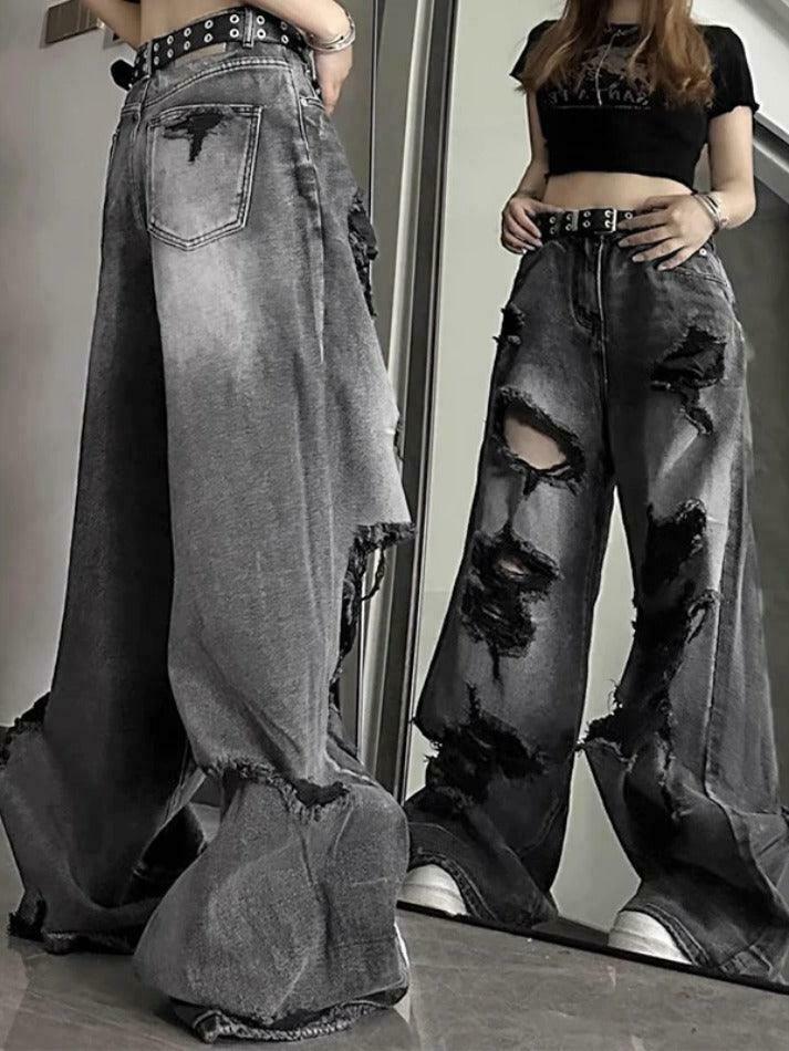 Vintage Washed Black Ripped Boyfriend Jeans - Y2K Aesthetic - Coquette Style - Vintage Washed Black Ripped Boyfriend Jeans - Y2K Aesthetic - Coquette Style -