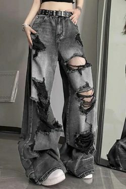 Vintage Washed Black Ripped Boyfriend Jeans - Y2K Aesthetic - Coquette Style -