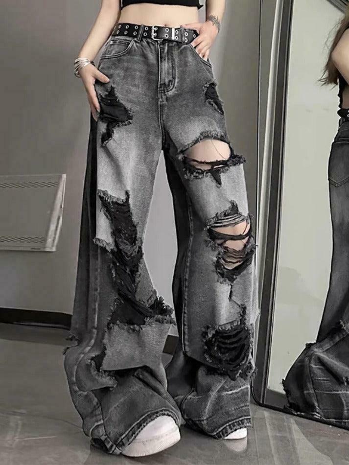 Vintage Washed Black Ripped Boyfriend Jeans - Y2K Aesthetic - Coquette Style - Vintage Washed Black Ripped Boyfriend Jeans - Y2K Aesthetic - Coquette Style -