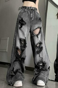 Vintage Washed Black Ripped Boyfriend Jeans - Y2K Aesthetic - Coquette Style -