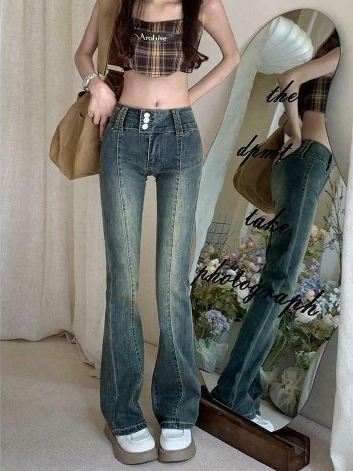 Vintage Washed Boot-Cut Jeans: Y2K Aesthetic Fashion - Coquette & Grunge
