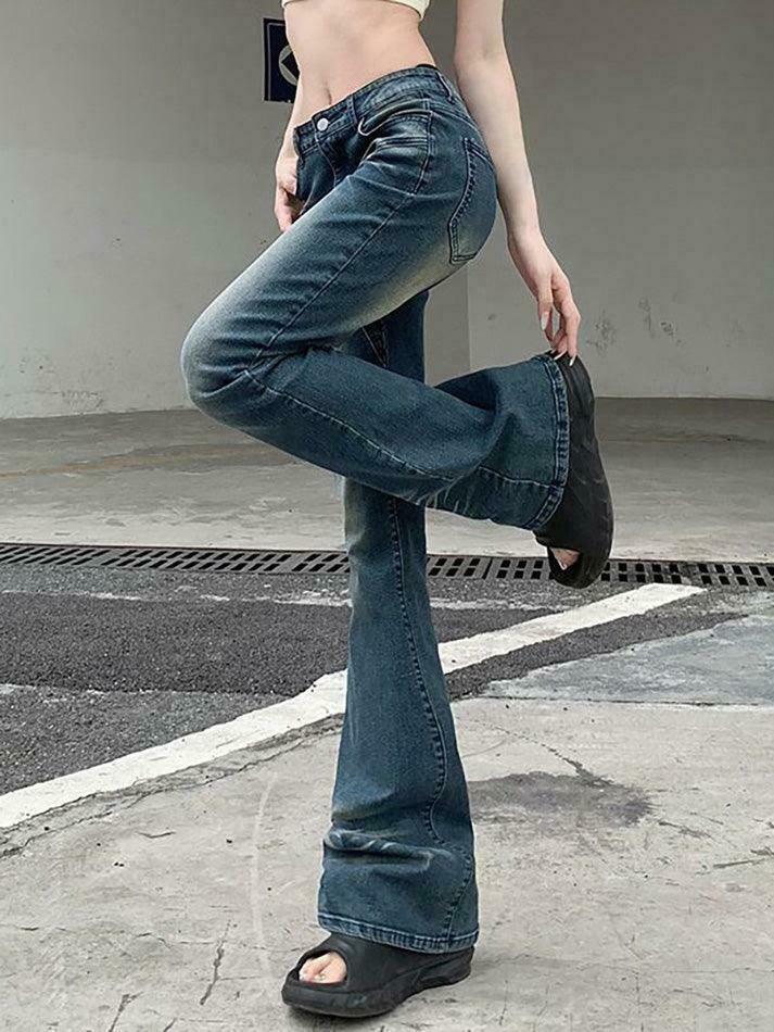 Vintage Washed Boot-Cut Jeans: Y2K Aesthetic Fashion - Coquette & Grunge